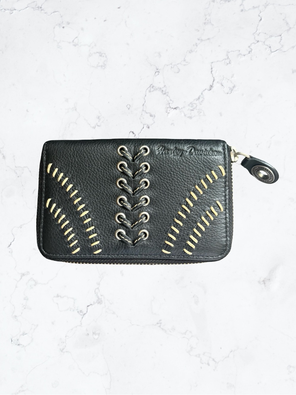 Harley-Davidson Black Leather Zip Wallet with Gold Stitch Accents
